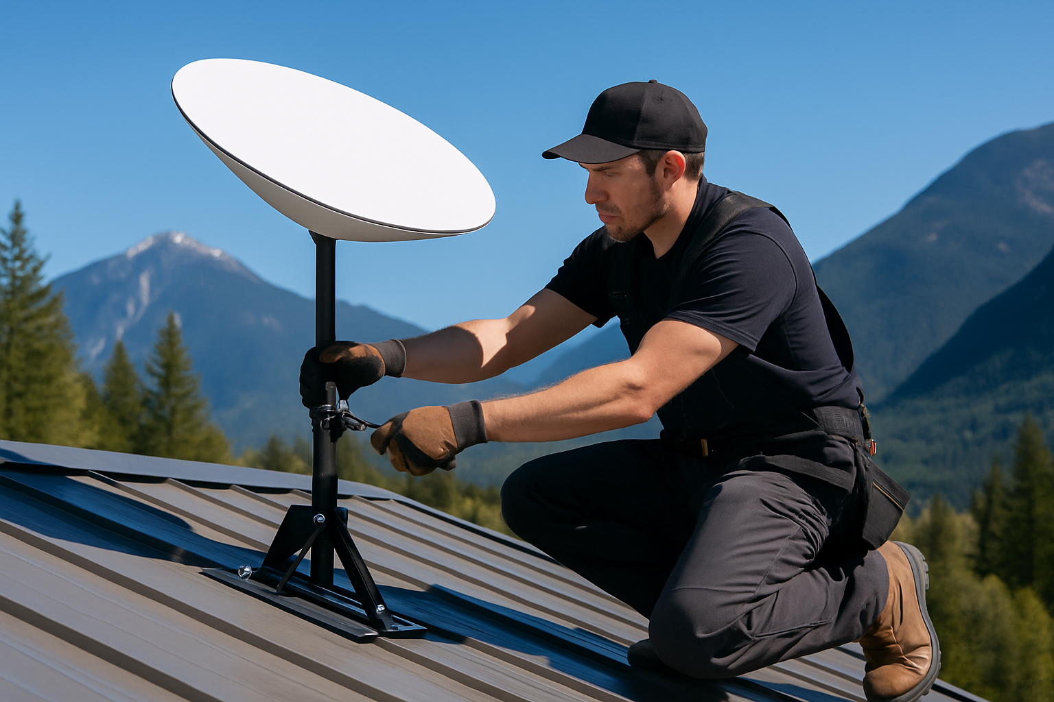 Professional Starlink installation on residential roof in Okanagan mountains